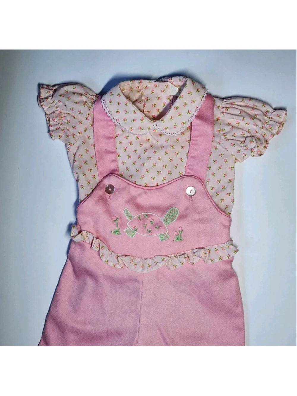 Vintage Toddler Baby Overalls Set 12 Months Pink Floral Embroidery Turtle Outfit